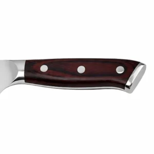 Close up view of the ergonomic natural red wood handle with triple rivets isolated on white background KL-KN-SS-016