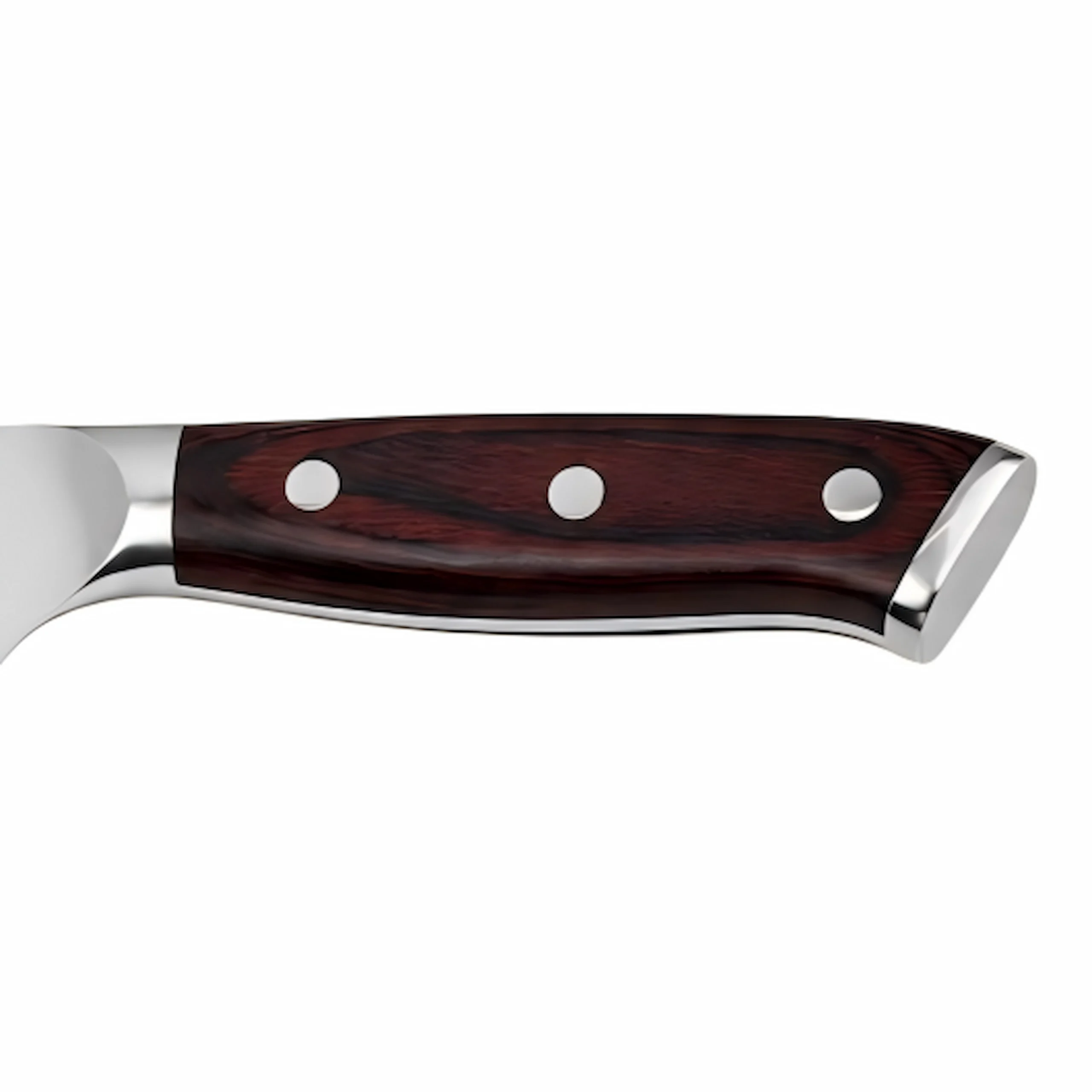 Close up view of the ergonomic natural red wood handle with triple rivets isolated on white background KL-KN-SS-016