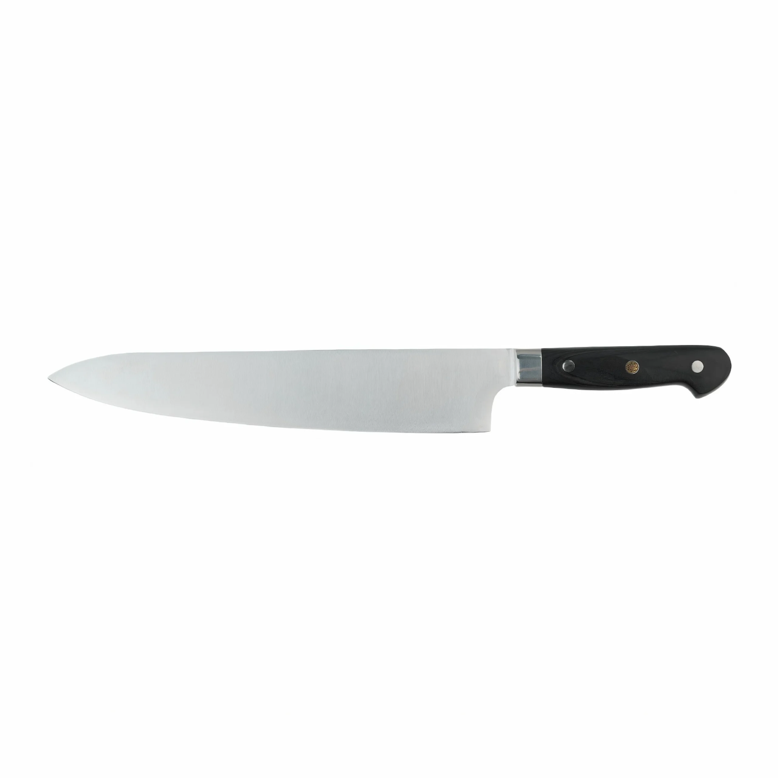 Stainless Steel Chef Knife - Front View | KaiLionCrafts Professional stainless steel chef knife with black POM handle isolated on white background KL-KN-SS-018