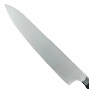 Stainless Steel Chef Knife - Blade Detail | KaiLionCrafts Close up view of the flat grind high carbon stainless steel blade isolated on white background KL-KN-SS-018