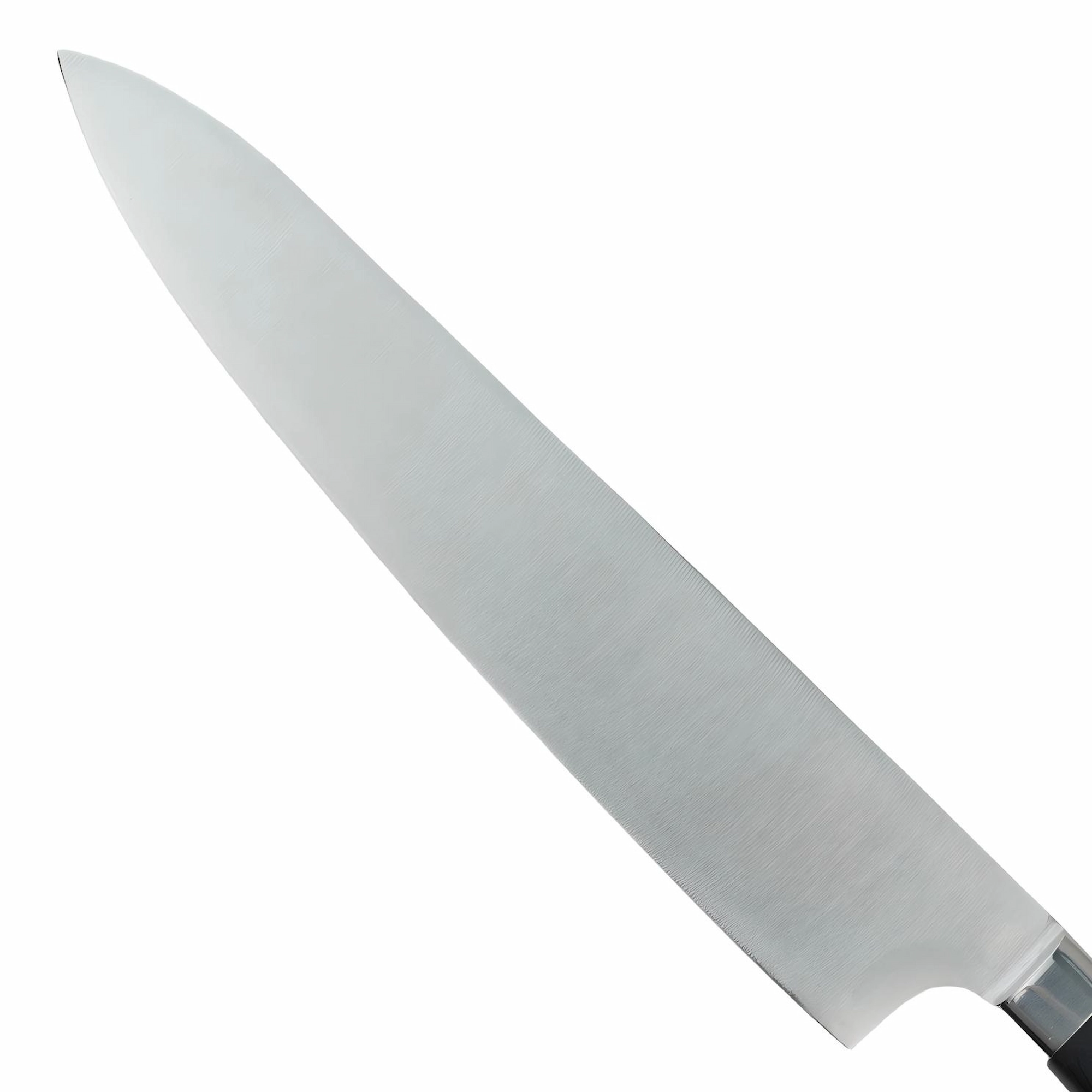 Stainless Steel Chef Knife - Blade Detail | KaiLionCrafts Close up view of the flat grind high carbon stainless steel blade isolated on white background KL-KN-SS-018