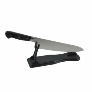 Stainless Steel Chef Knife - With Accessories | KaiLionCrafts Stainless steel chef knife with black POM handle on display stand isolated on white background KL-KN-SS-018
