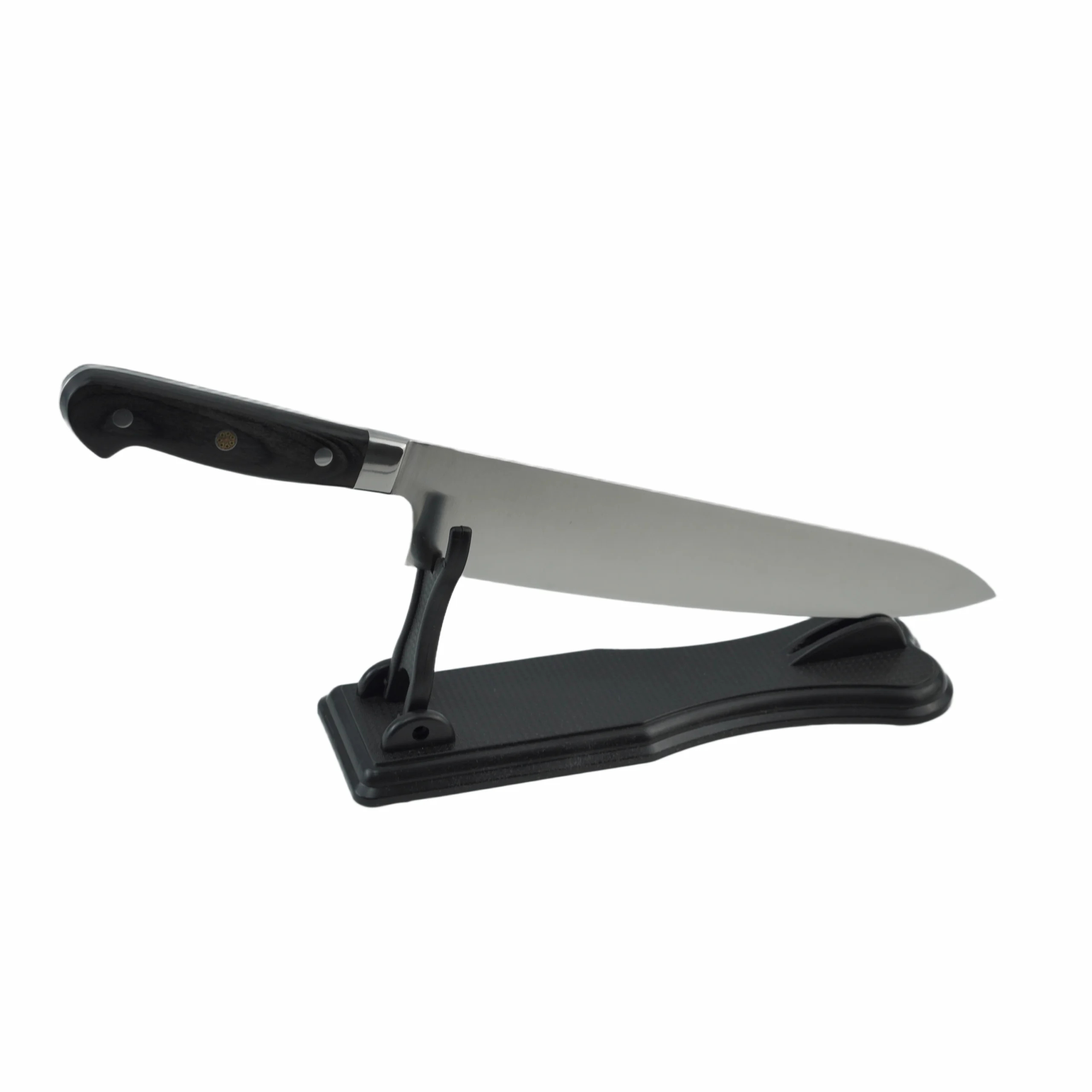 Stainless Steel Chef Knife - With Accessories | KaiLionCrafts Stainless steel chef knife with black POM handle on display stand isolated on white background KL-KN-SS-018