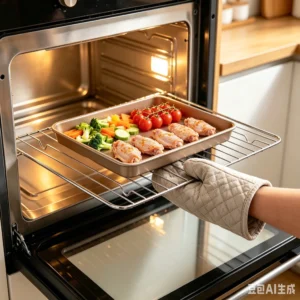 Chrome-plated steel wire roasting rack inside oven holding baking pan with chicken wings and vegetables KL-KA-BBQ-007