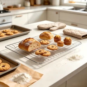 Chrome-plated wire baking cooling rack holding baked bread and muffins in kitchen environment KL-KA-BBQ-007