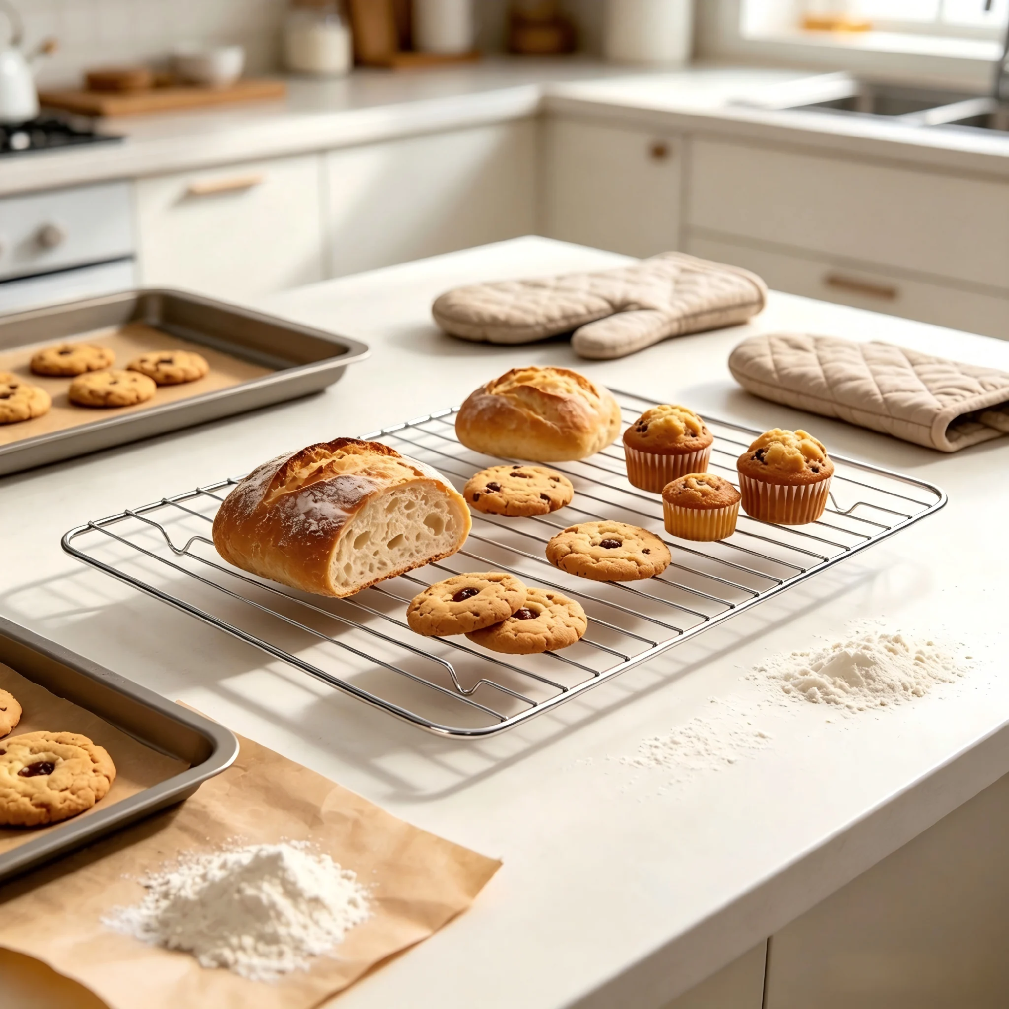 Chrome-plated wire baking cooling rack holding baked bread and muffins in kitchen environment KL-KA-BBQ-007