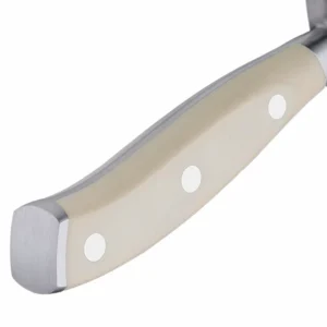 Close-up of modern kitchen knife cream white composite handle with triple rivets isolated on white background. SKU: KL-KK-ST-025