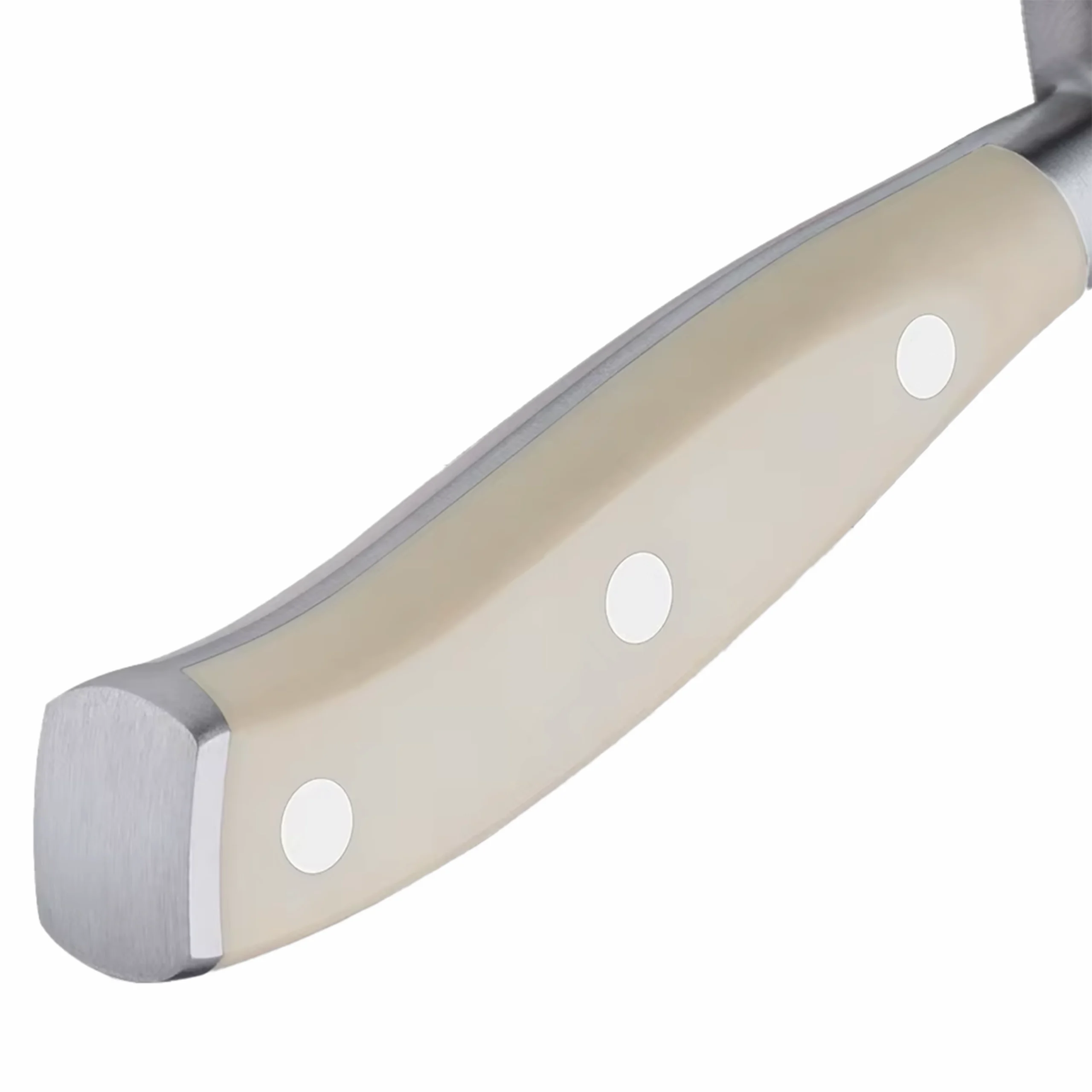 Close-up of modern kitchen knife cream white composite handle with triple rivets isolated on white background. SKU: KL-KK-ST-025