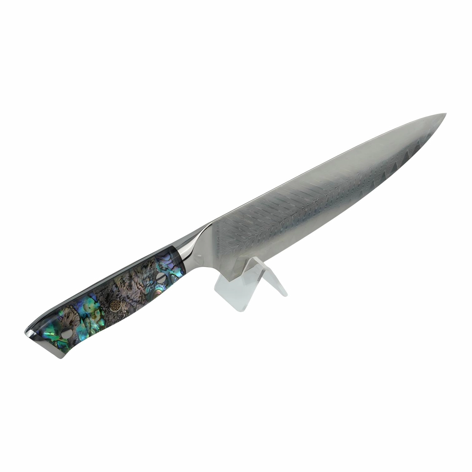 A 45 degree view of Damascus steel chef knife with abalone shell handle on stand isolated on white background KL-KN-DS-017