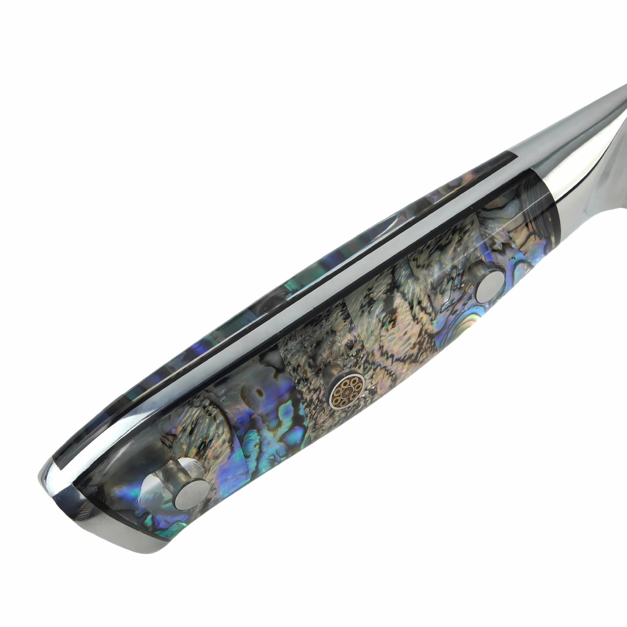 Close up angled view of the full tang abalone shell handle with mosaic pin isolated on white background KL-KN-DS-017