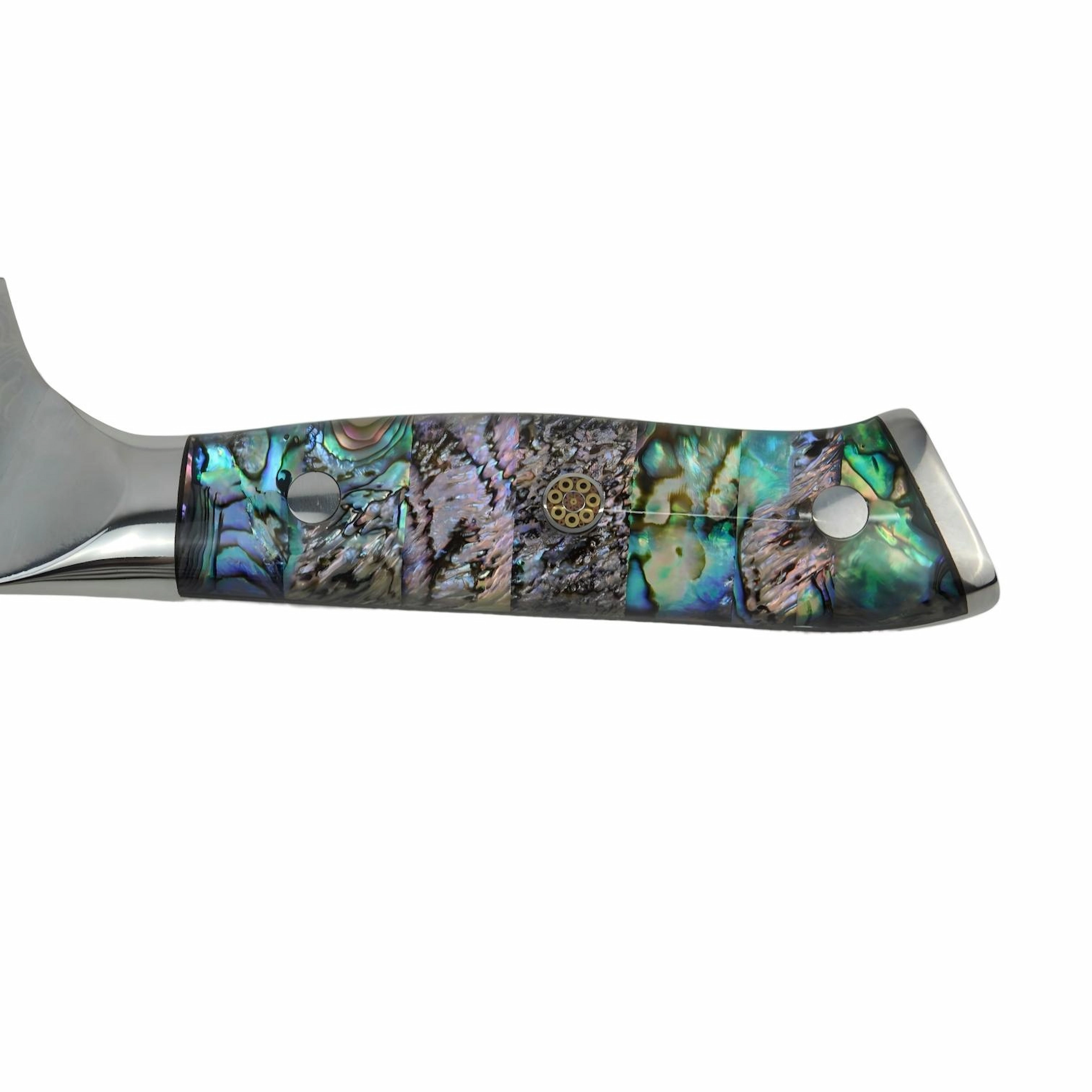 Close up view of the iridescent abalone shell handle with mosaic pin isolated on white background KL-KN-DS-017