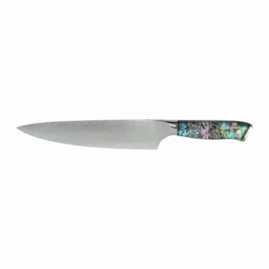 Damascus steel chef knife with iridescent abalone shell handle isolated on white background KL-KN-DS-017