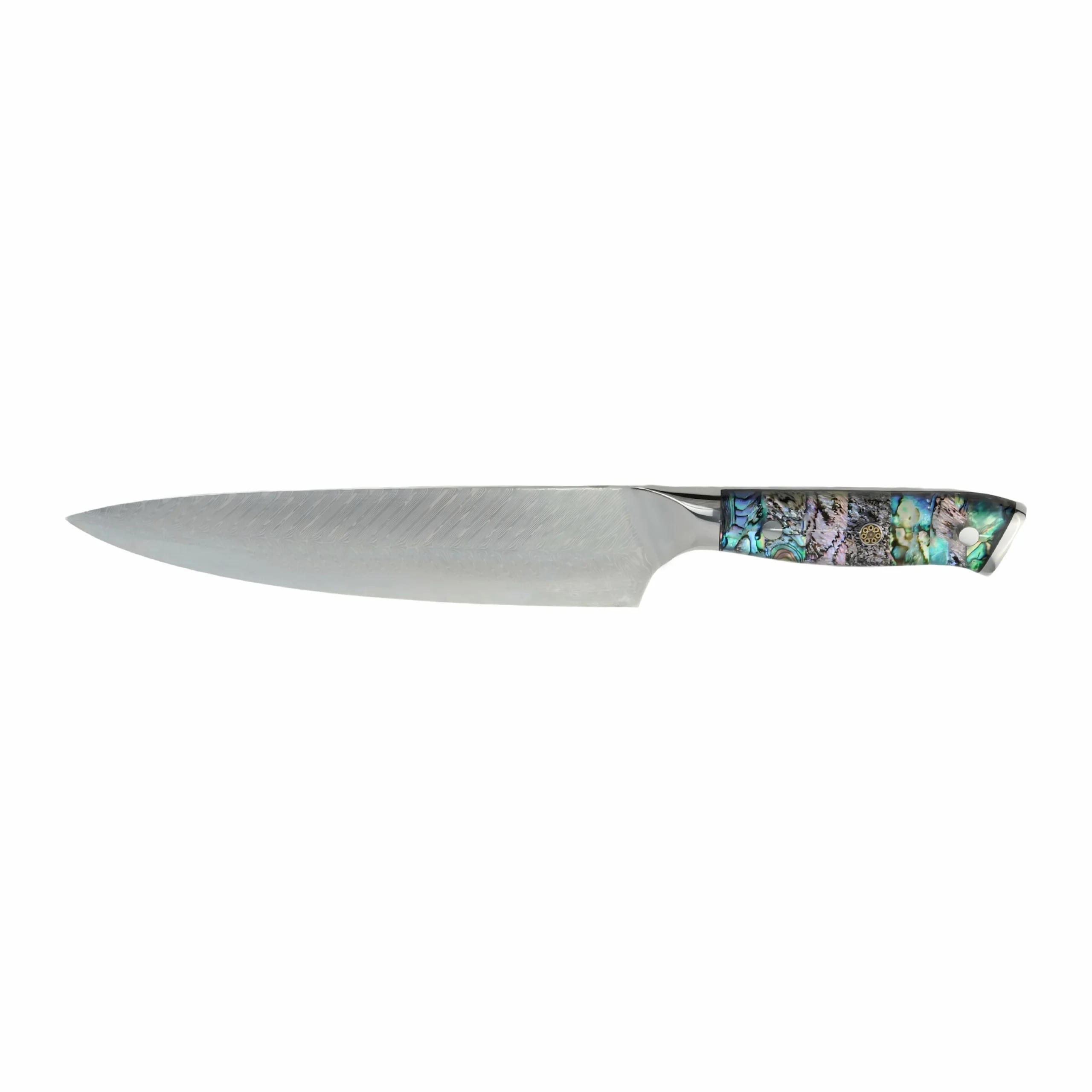 Damascus steel chef knife with iridescent abalone shell handle isolated on white background KL-KN-DS-017