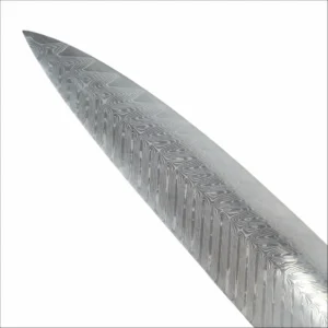 Close up view of the etched Damascus pattern stainless steel blade isolated on white background KL-KN-DS-017