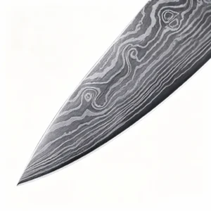 Close up view of the acid etched Damascus steel chef knife blade tip isolated on white background KL-KN-DS-020