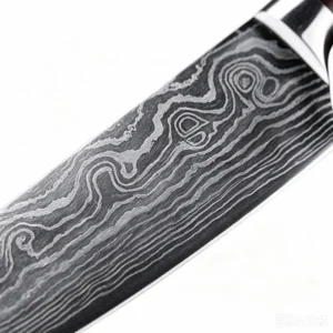 Close up of etched Damascus pattern steel blade and bolster isolated on white background KL-KN-DS-020