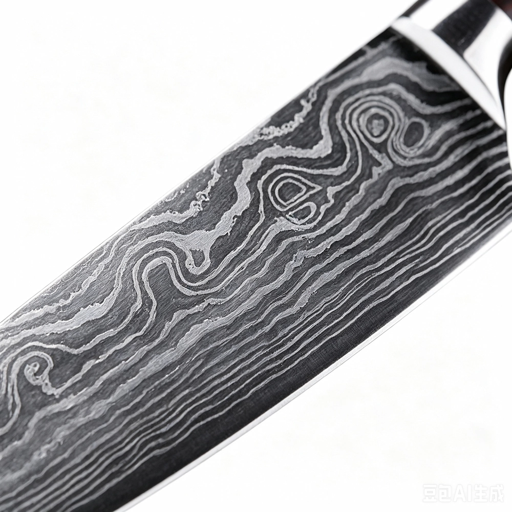Close up of etched Damascus pattern steel blade and bolster isolated on white background KL-KN-DS-020