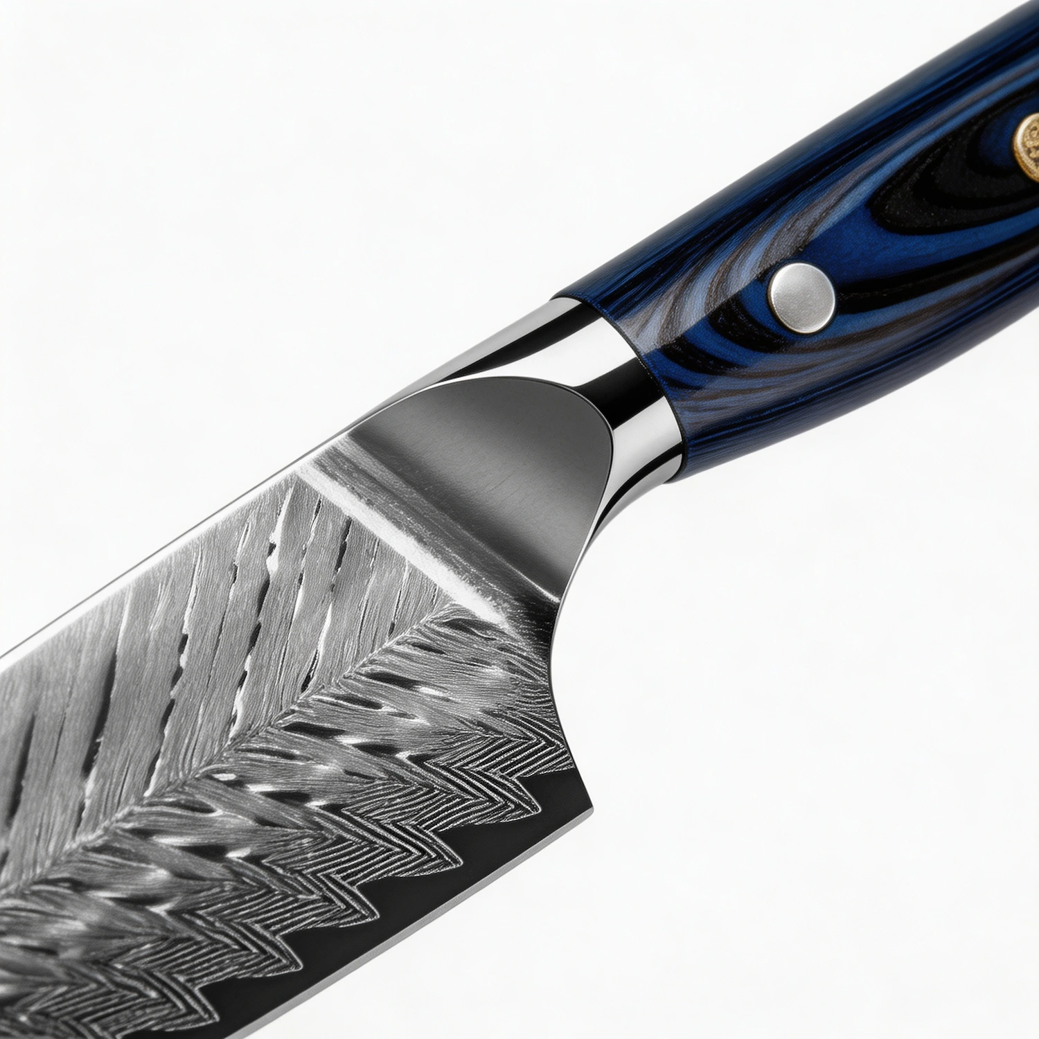 Close up of Damascus chef knife blue G10 handle and bolster isolated on white background KK-DL-008