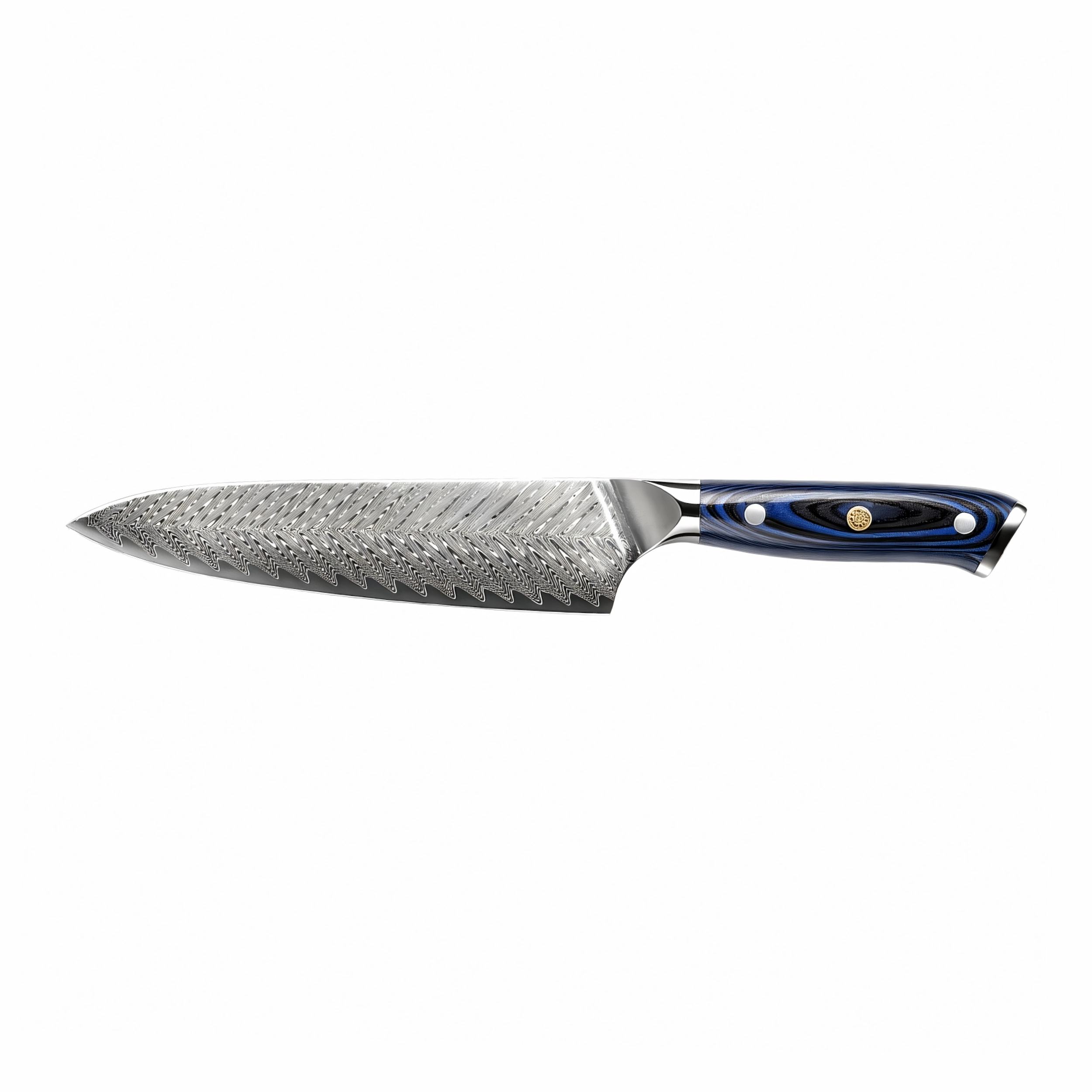 Damascus chef knife with blue layered G10 handle isolated on white background KK-DL-008
