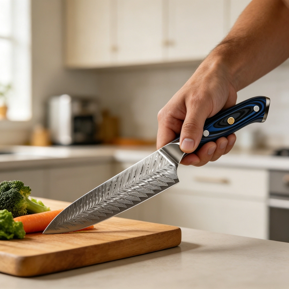 Damascus steel chef knife with blue G10 handle held in hand for scale in kitchen environment KK-DL-008