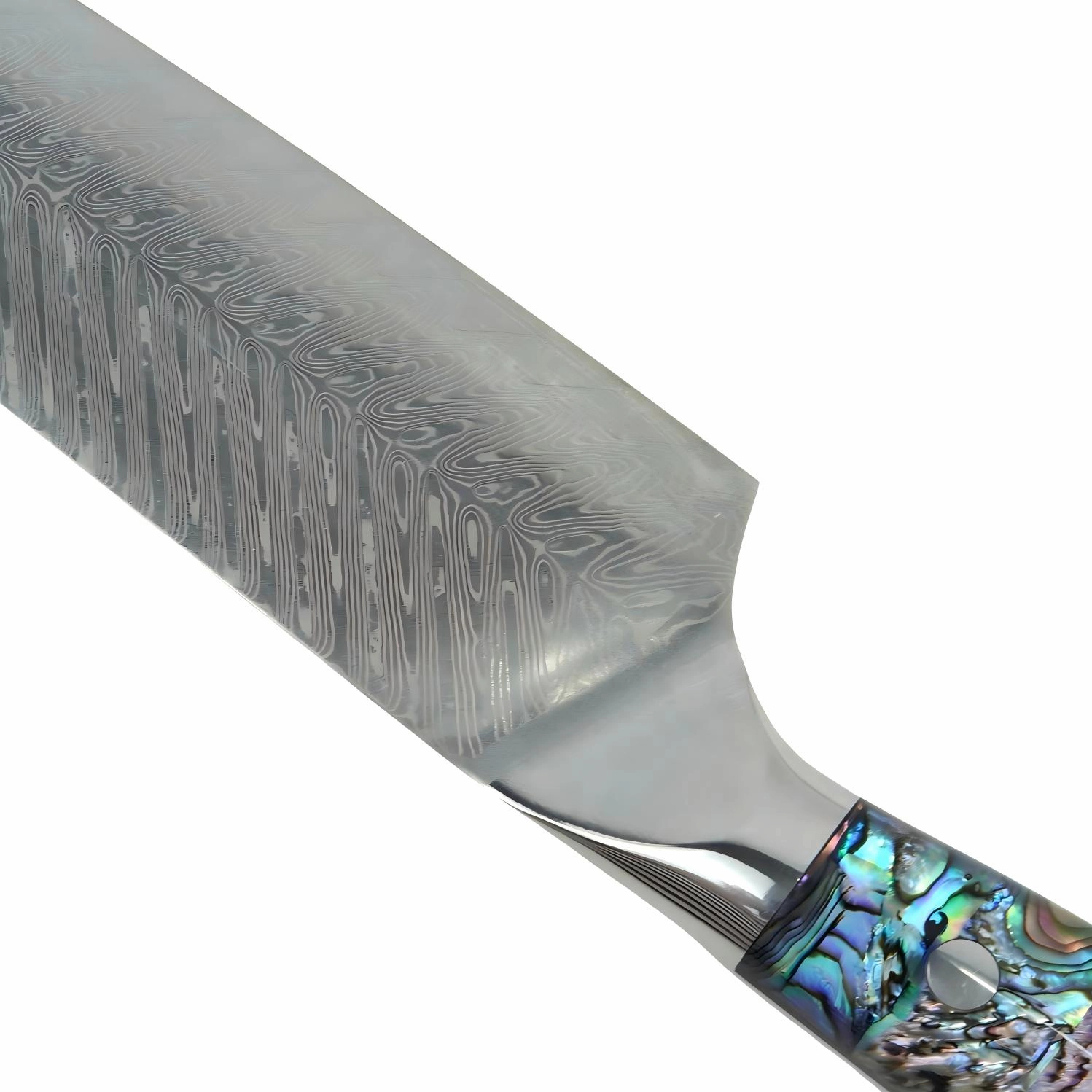 Close up view of the polished bolster and Damascus steel blade transition isolated on white background KL-KN-DS-017