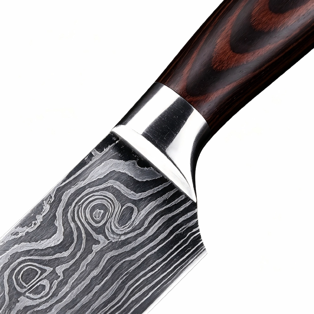 Close up of polished steel bolster transition between Damascus blade and Pakkawood handle isolated on white background KL-KN-DS-020