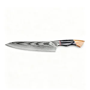 Damascus chef knife with stabilized burl wood and resin handle isolated on white background KK-BR-003