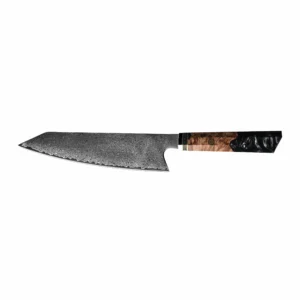 Damascus steel chef knife with burl wood and black resin handle isolated on white background KL-KN-DS-008