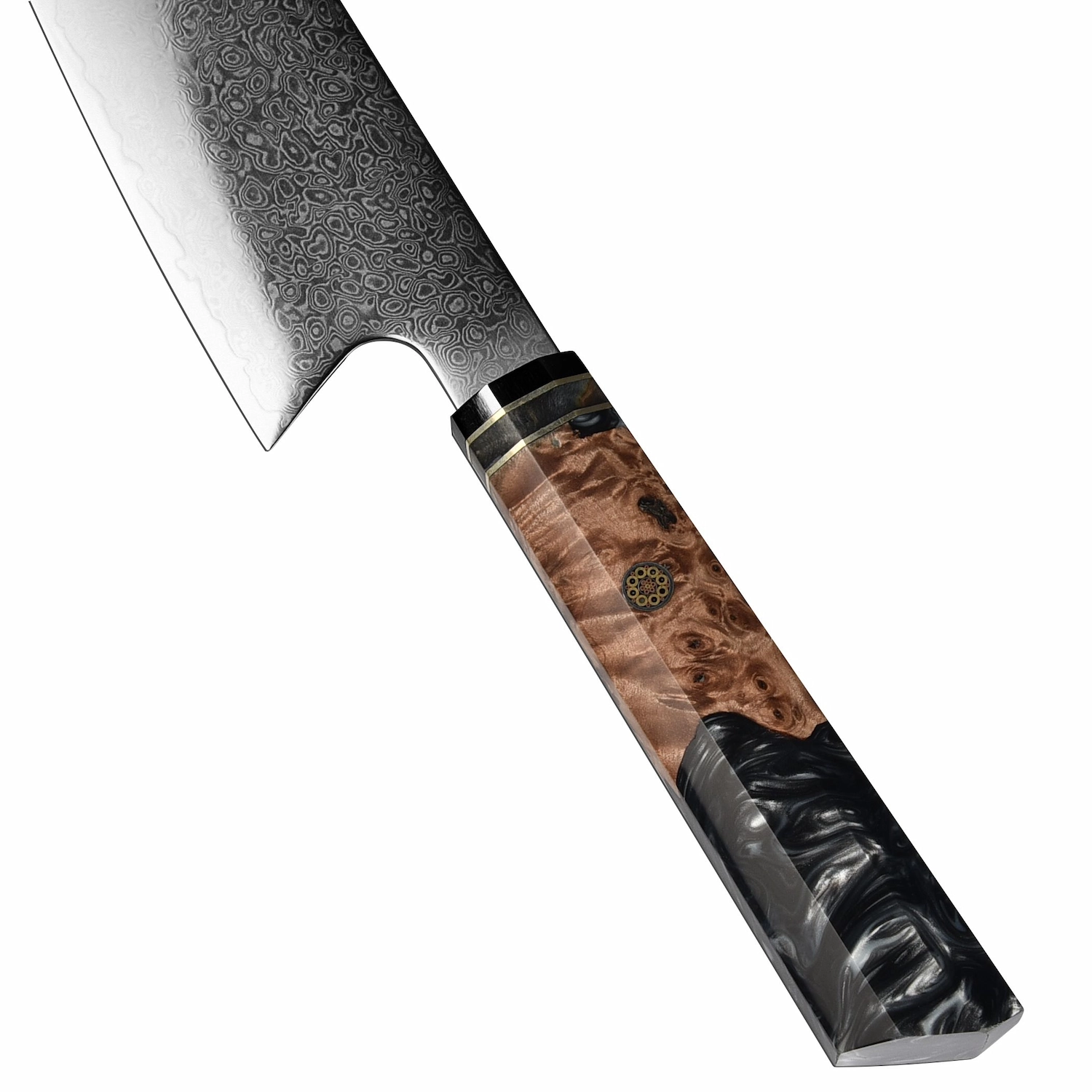 Close up of octagonal burl wood and resin handle with mosaic pin isolated on white background KL-KN-DS-008