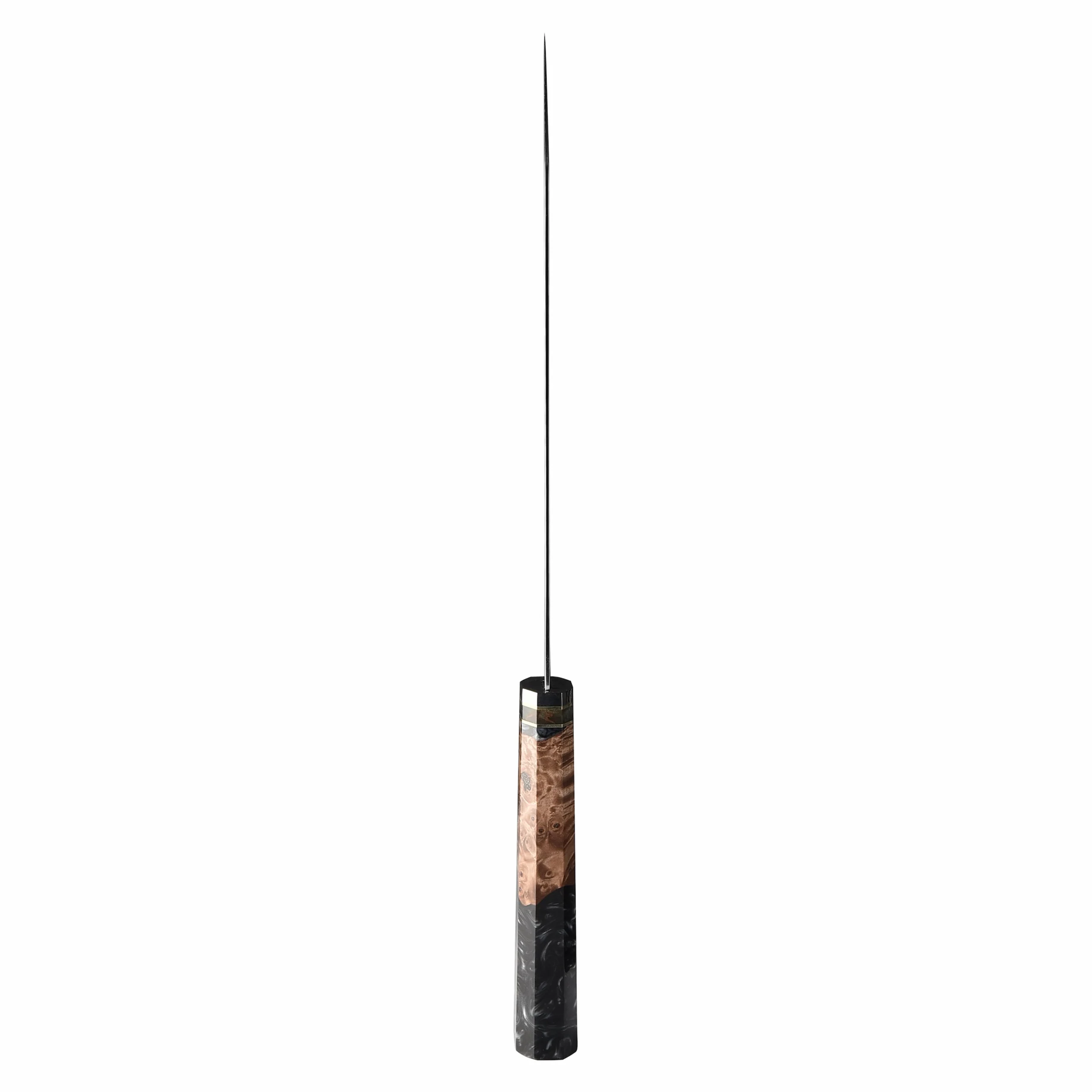 Top view showing the spine alignment and octagonal burl wood resin handle isolated on white background KL-KN-DS-008