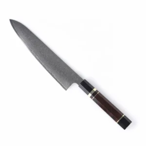 Damascus steel chef knife with ebony resin handle 45 degree view isolated on white background KK-ER-004