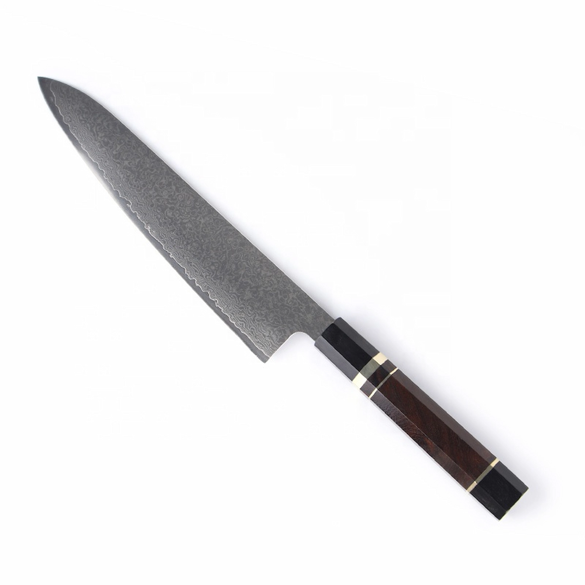 Damascus steel chef knife with ebony resin handle 45 degree view isolated on white background KK-ER-004
