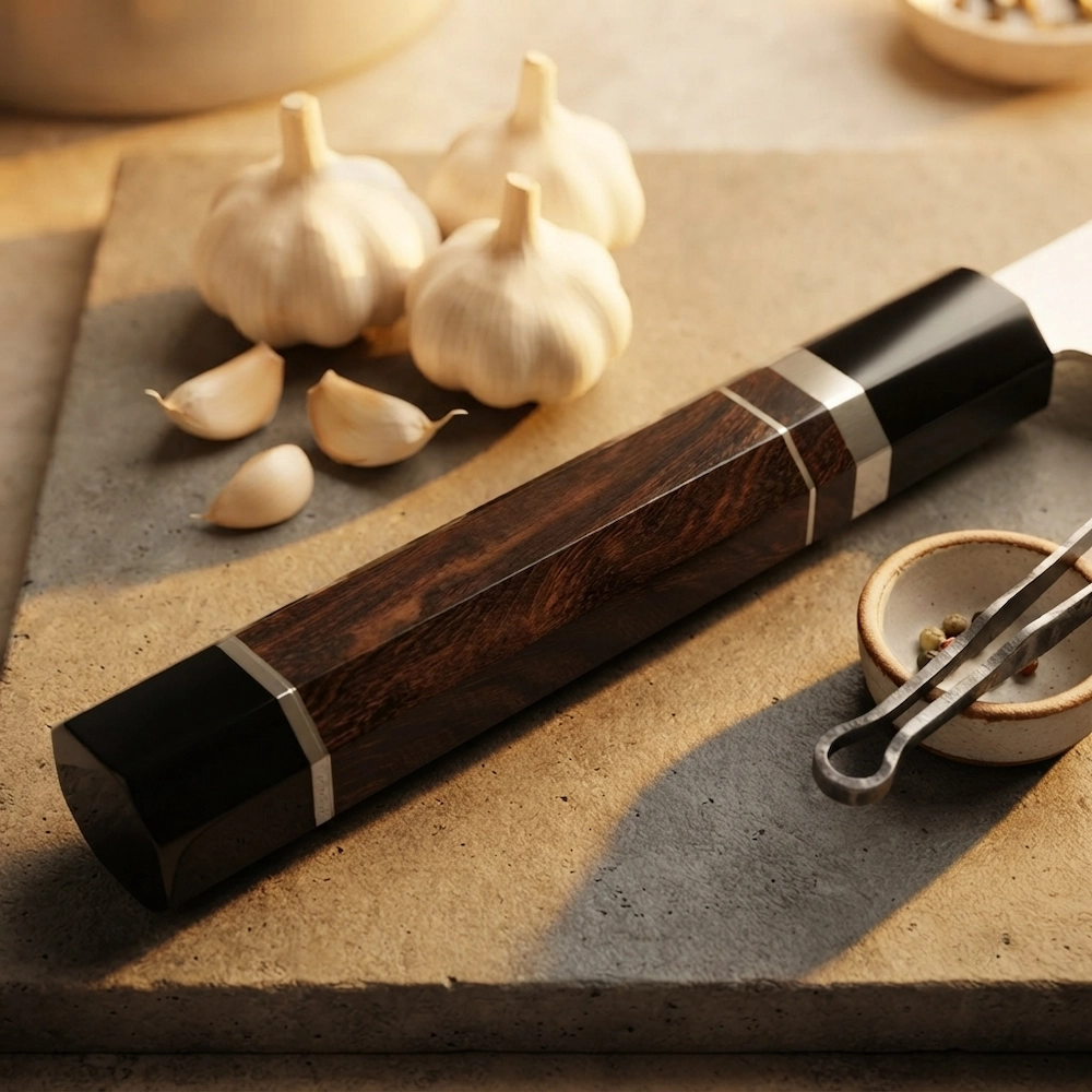 Octagonal ebony wood and resin knife handle detail in kitchen environment KK-ER-004