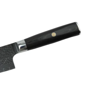 Damascus Chef Knife - Handle Detail | KaiLionCrafts Close-up of premium ebony wood handle with mosaic pin isolated on white background KL-KN-HC-001