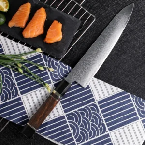 Damascus steel chef knife with ebony wood handle in kitchen environment KK-ER-004