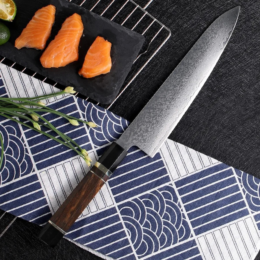 Damascus steel chef knife with ebony wood handle in kitchen environment KK-ER-004