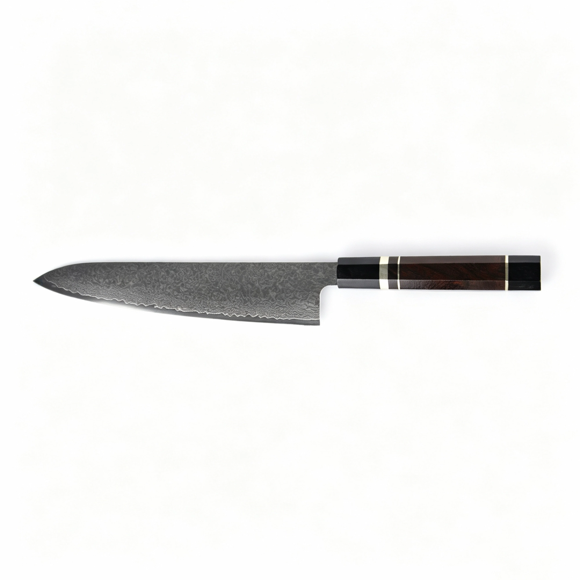 Damascus chef knife with ebony wood and resin handle isolated on white background KK-ER-004