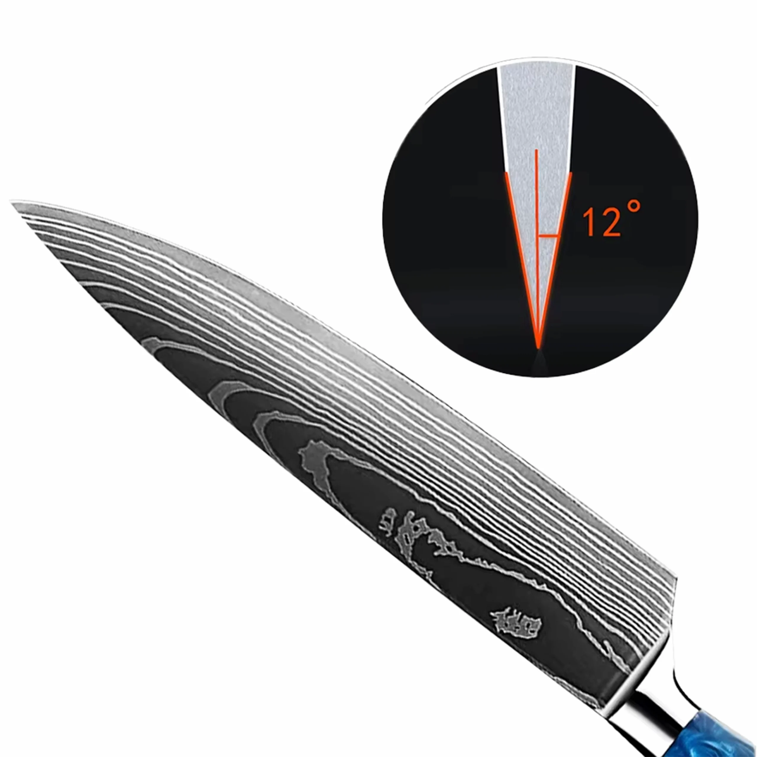 Close up of laser etched Damascus wave pattern blade edge isolated on white background KL-KK-DS-001