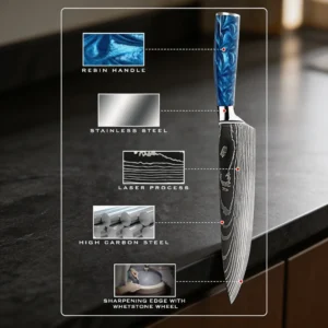 Damascus chef knife material and laser process features chart on workbench setting KL-KK-DS-001