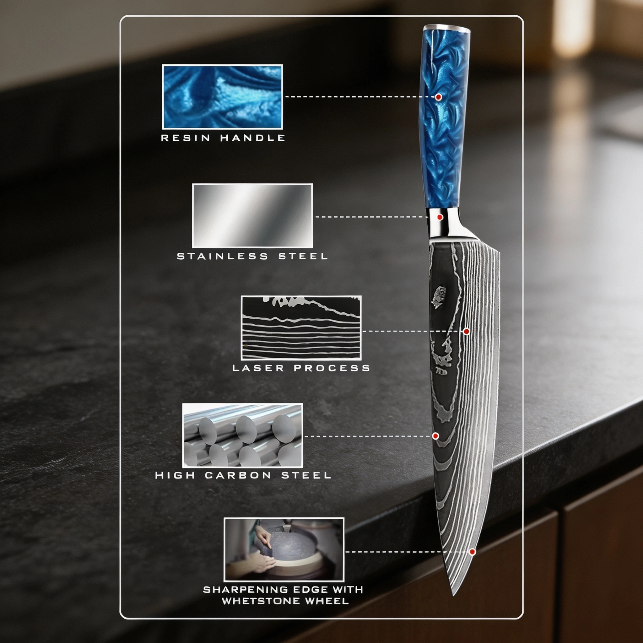 Damascus chef knife material and laser process features chart on workbench setting KL-KK-DS-001