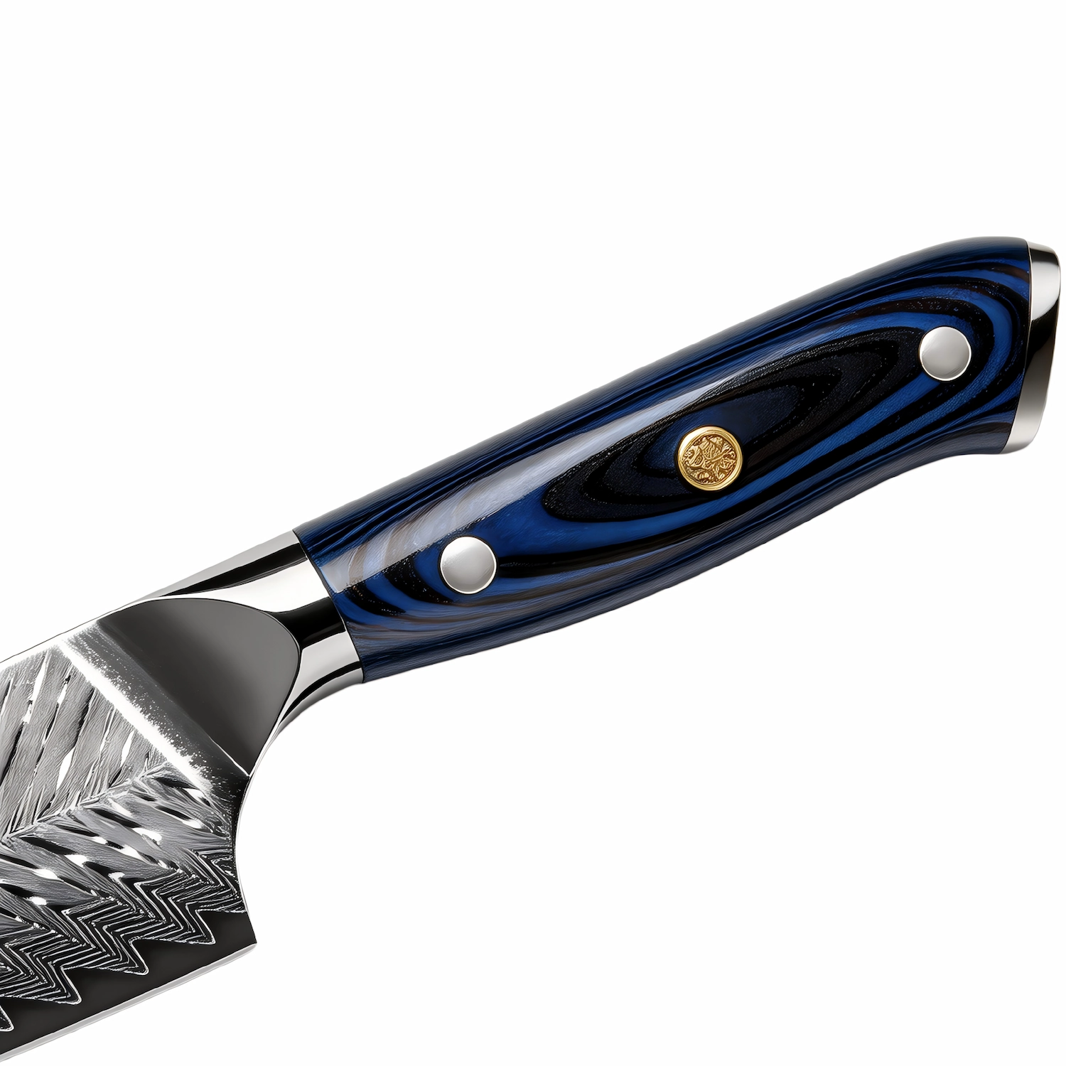 Blue layered G10 composite knife handle with gold medallion isolated on white background KK-DL-008