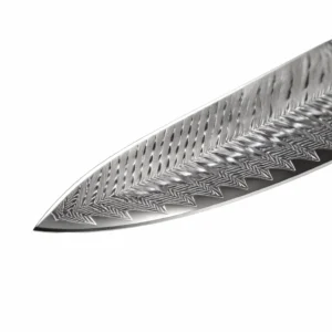 Damascus steel chef knife blade close up featuring herringbone chevron pattern isolated on white background KK-DL-008