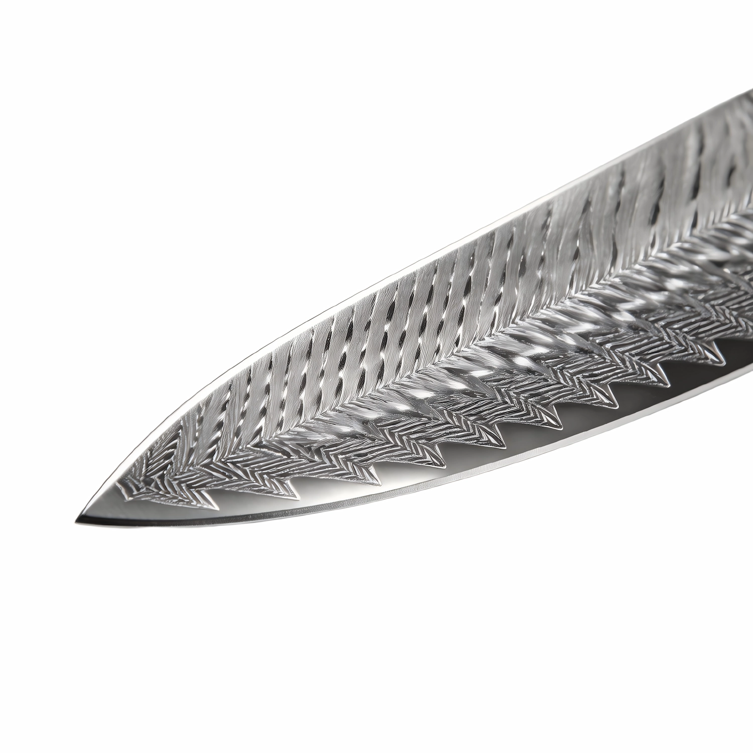Damascus steel chef knife blade close up featuring herringbone chevron pattern isolated on white background KK-DL-008