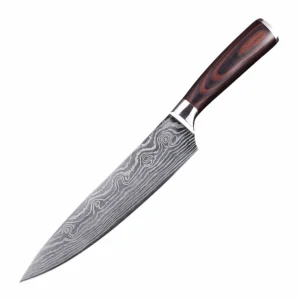 A 45 degree view of Damascus pattern chef knife with pakkawood handle isolated on white background KL-KN-DS-020
