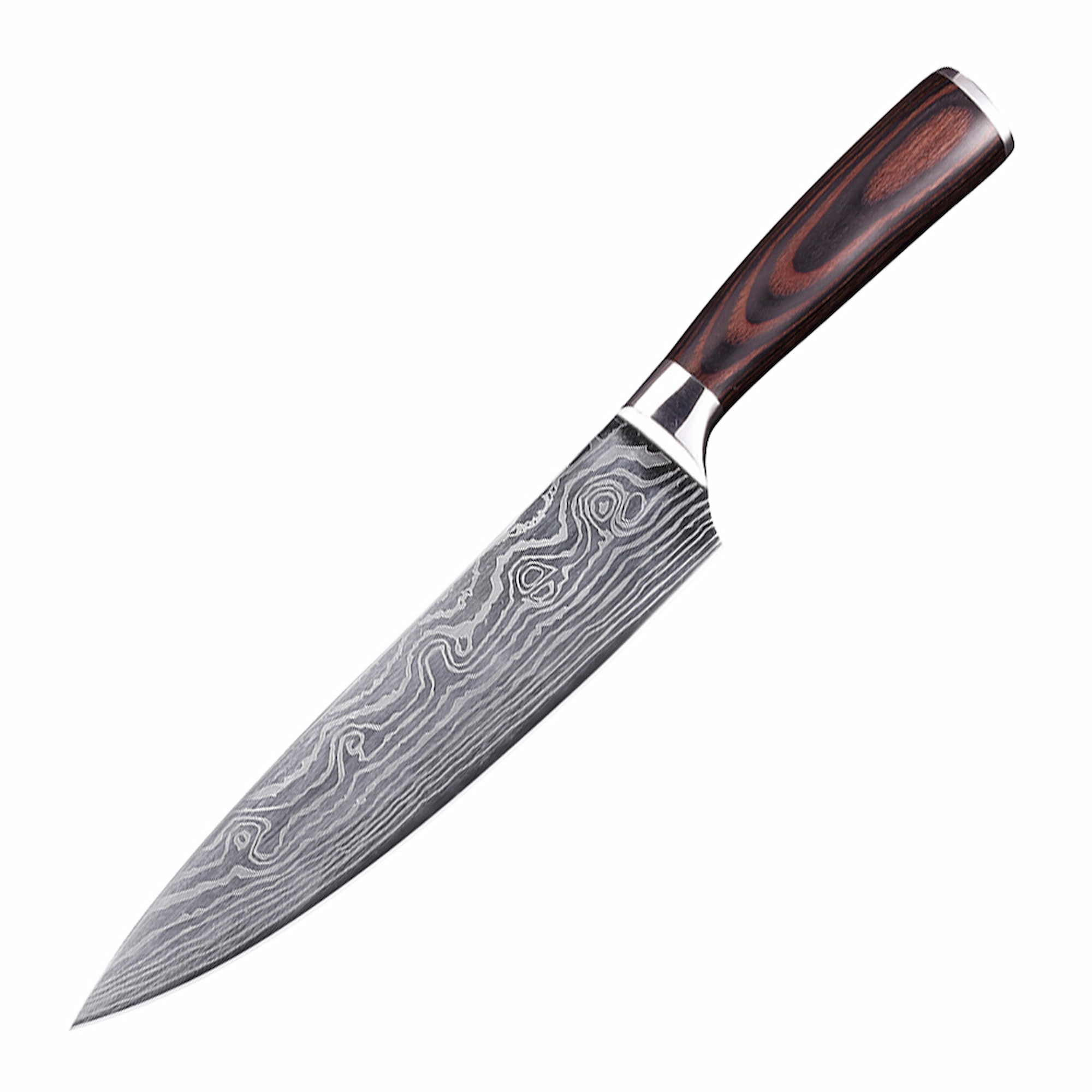 A 45 degree view of Damascus pattern chef knife with pakkawood handle isolated on white background KL-KN-DS-020