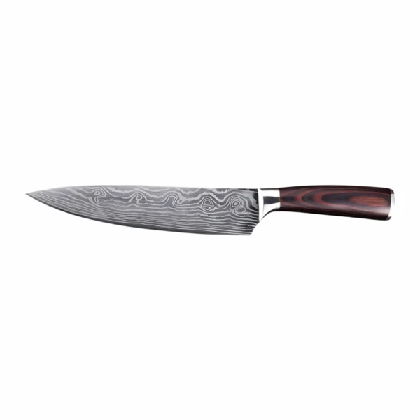 ：Damascus pattern chef knife with reddish brown pakkawood handle isolated on white background KL-KN-DS-006