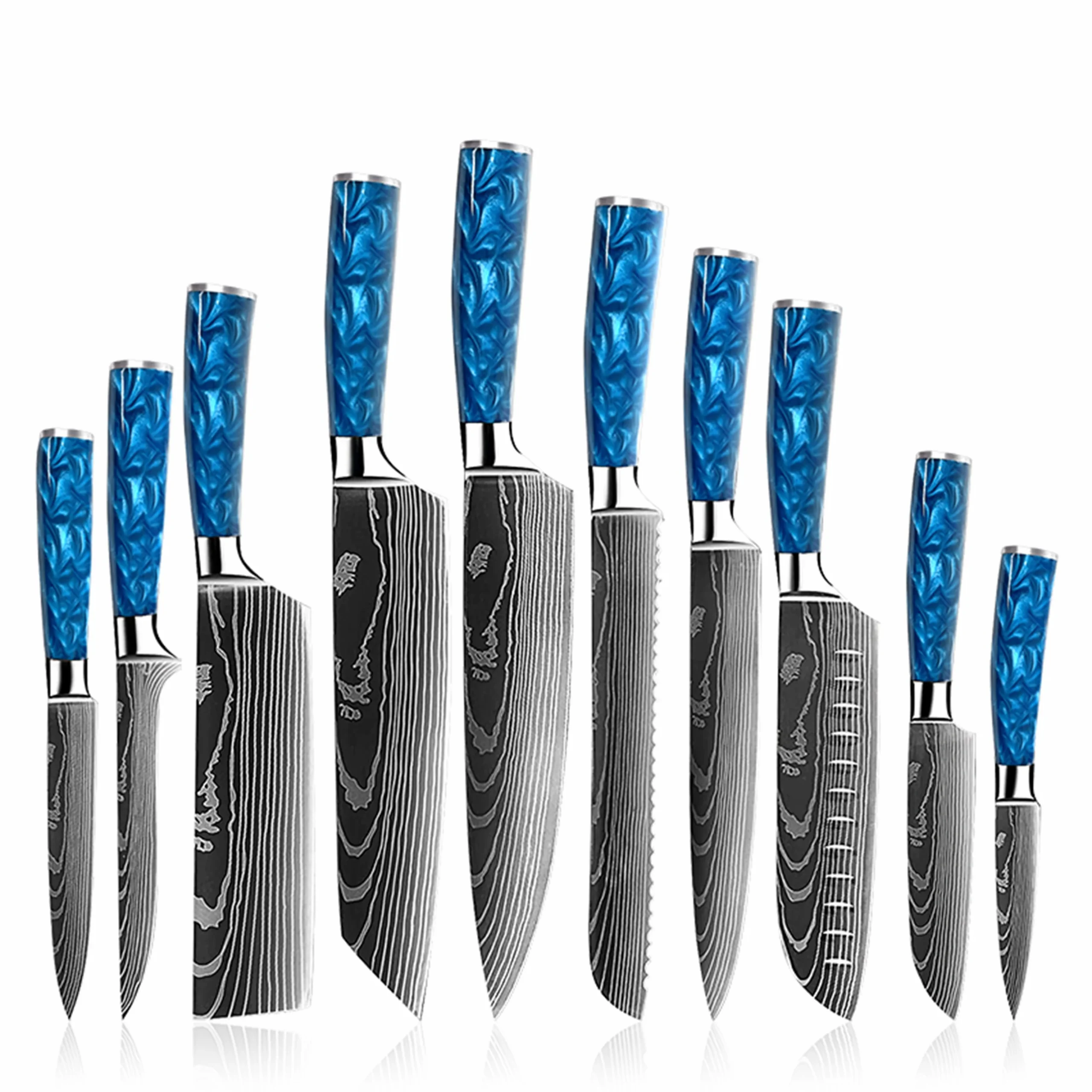 Damascus pattern 10 piece kitchen knife set with blue resin handle isolated on white background KL-KK-DS-001
