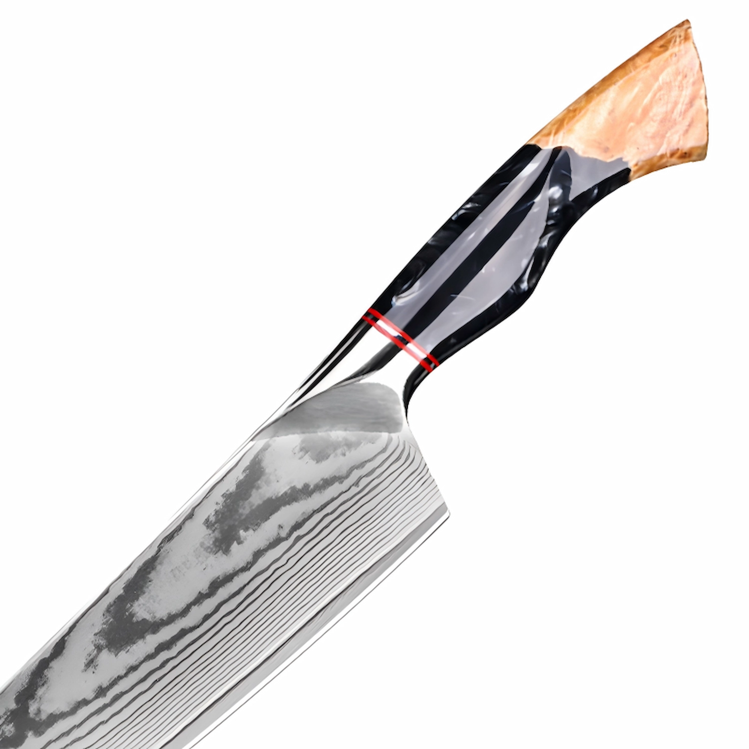Damascus chef knife with burl wood resin handle side view isolated on white background KK-BR-003