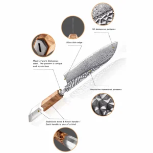 Detailed diagram of Damascus steel chef knife showcasing hammered finish and burl wood resin handle. SKU: KL-KK-DS-004