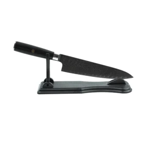 Damascus Steel Chef Knife - Display Set | KaiLionCrafts Damascus steel chef knife placed on a black display stand isolated on white background KL-KN-HC-001